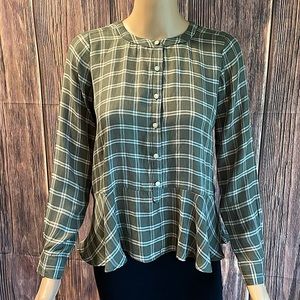 Ann Taylor LOFT size XXSP XXS petite green & pink plaid button up peasant top